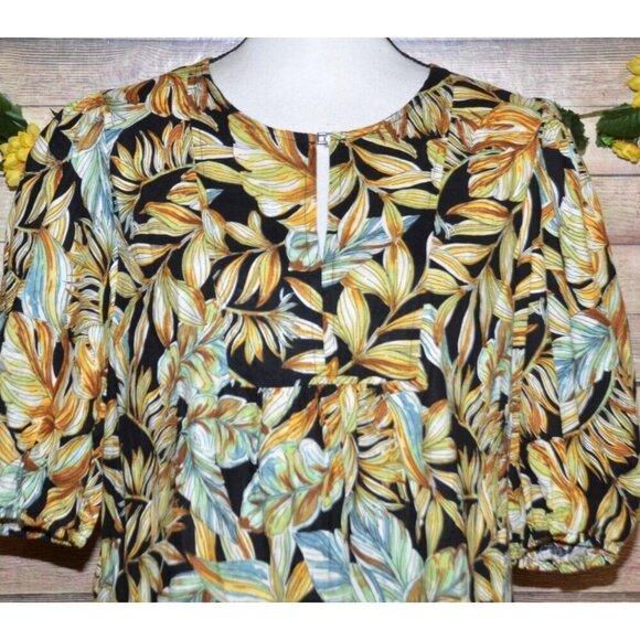 Panama Jack Women's XL Black Yellow Floral Blouse Top Linen Blend Keyhole Neck - Picture 2 of 12